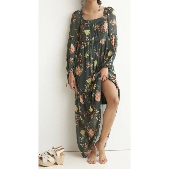ANTHROPOLOGIE Evelin XS Maxi Dress Green Floral Boho Ruffle Tiered Chiffon - Picture 1 of 12